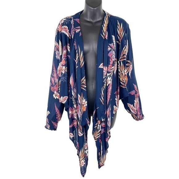 Patrons of Peace Floral Cardigan Boho Artsy Blue Long Sleeve Shawl Womens Medium - Picture 1 of 11